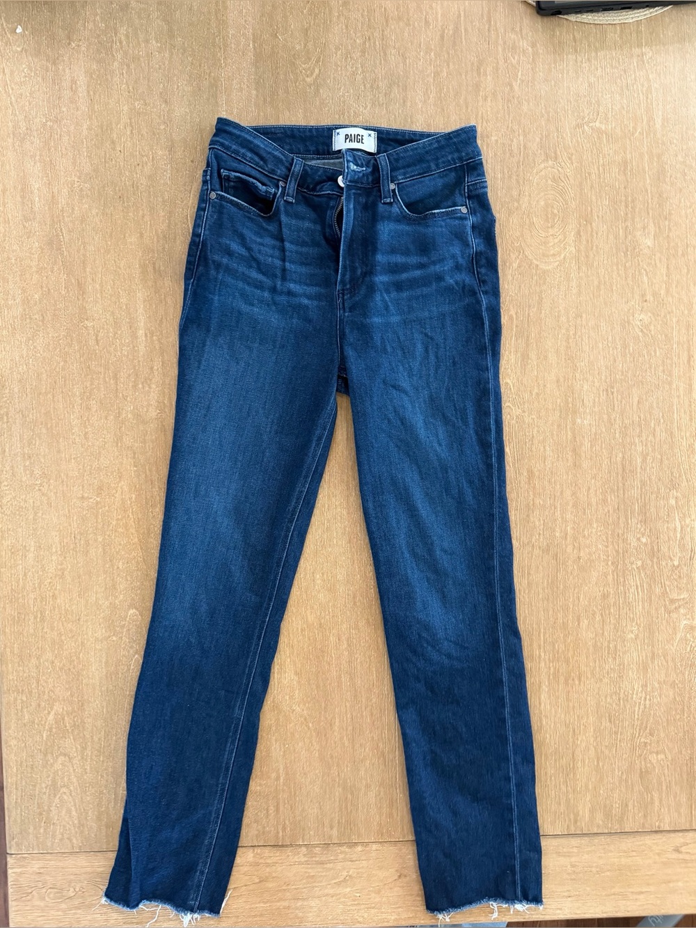 Suggested Title:
PAIGE Cindy High Rise Slim Straight Raw Hem Jeans Dark Wash Wom